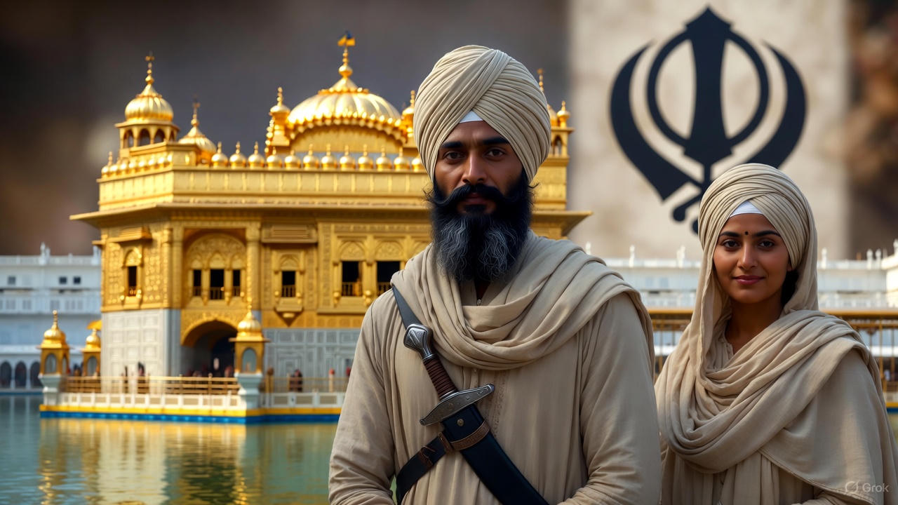 Sikhism religion showing the Golden Temple, Sikh turban and Khanda symbol