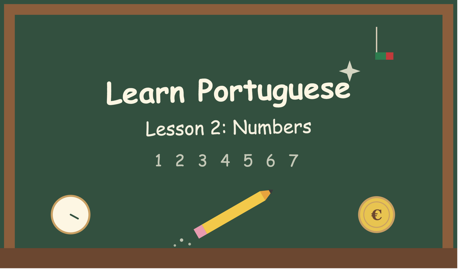 Chalkboard with numbers, clock, and euro coin illustrating Portuguese numbers lesson 2